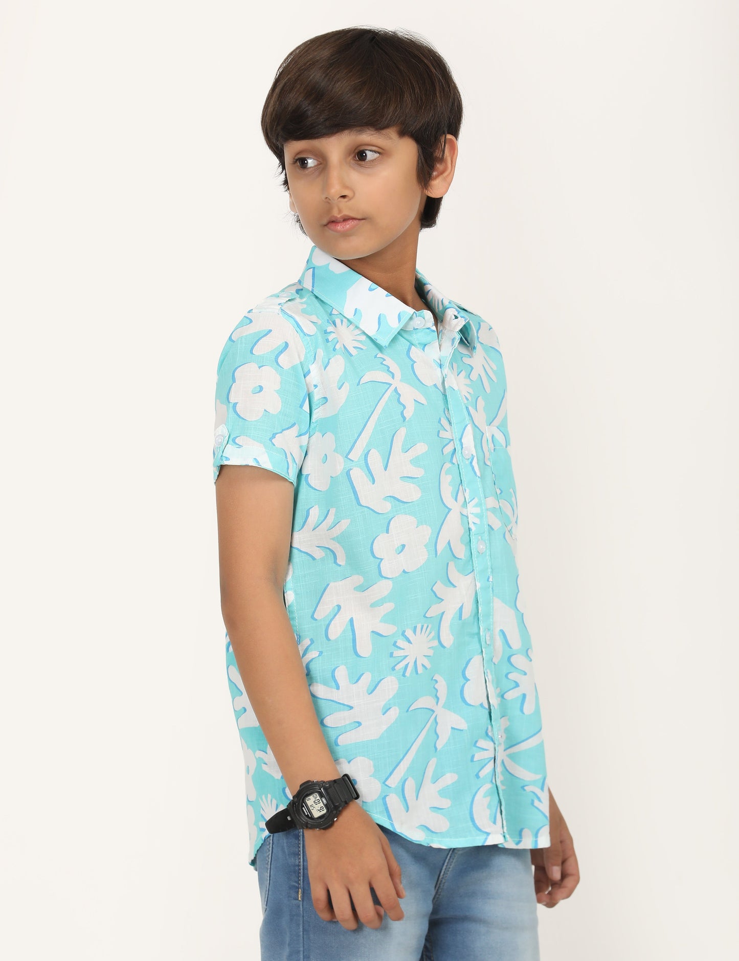 Zion Boys Cotton Half Sleeve Shirt with Abstract Floal Printed - Aqua