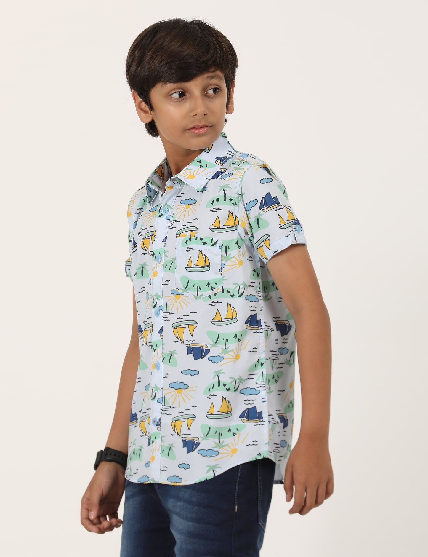 Zion Boys Cotton Half Sleeve Shirt with Conversational Print - Light Blue