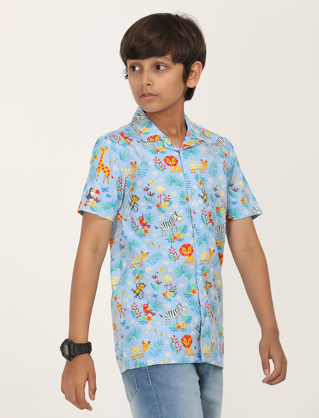 Zion Boys Cotton Half Sleeve Open Collar Shirt with Conversational Print - Aqua