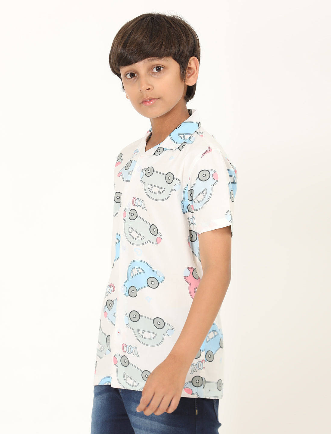 Zion Boys Cotton Half Sleeve Open Collar Shirt with Car Print - Multi