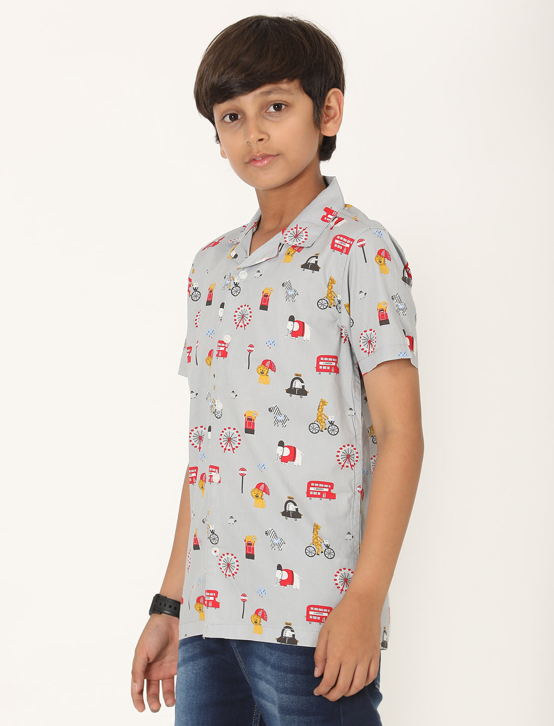 Zion Boys Cotton Half Sleeve Open Collar Shirt with Cartoon Printed - Multi