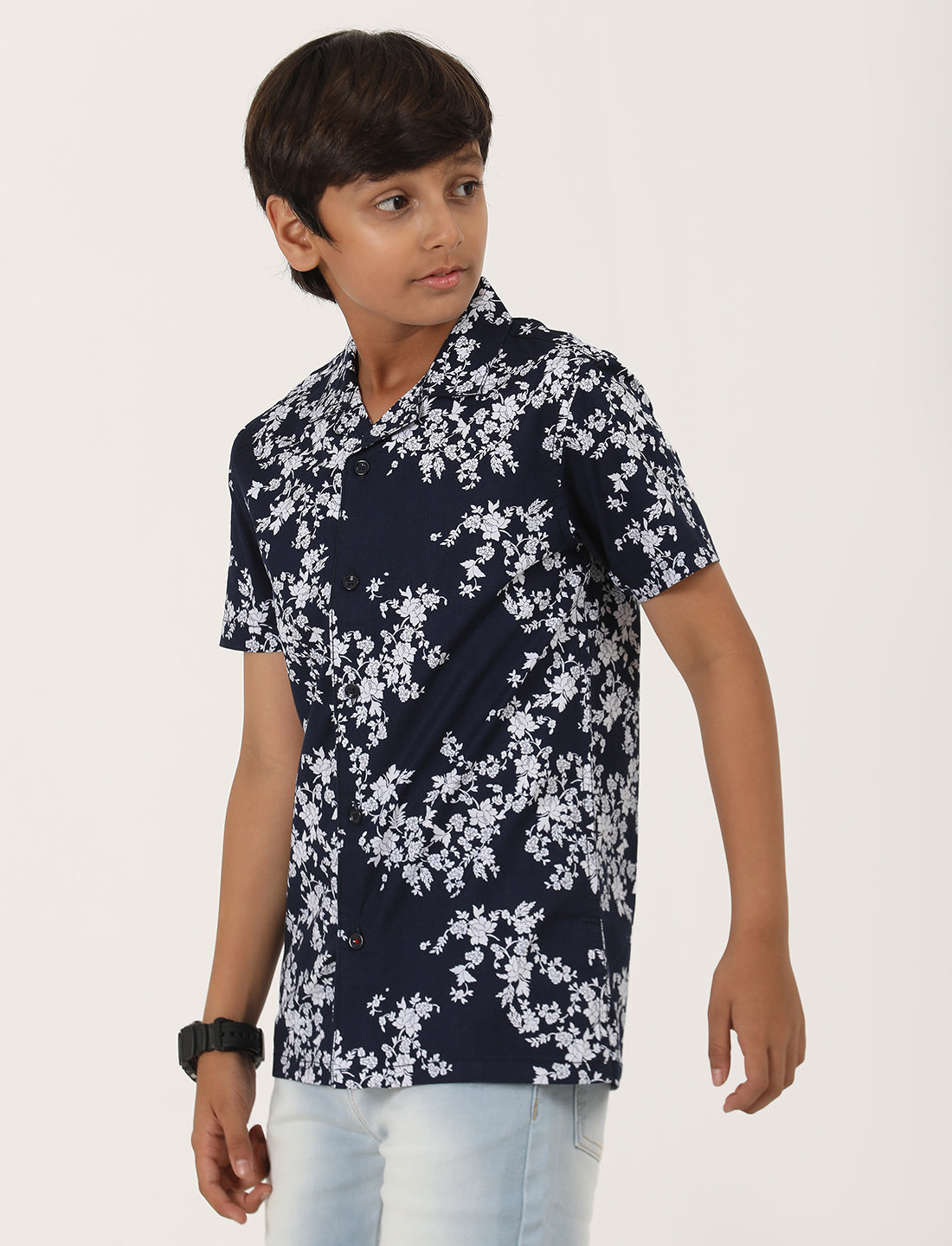Zion Boys Cotton Half Sleeve Open Collar Shirt with Floral Printed - Navy