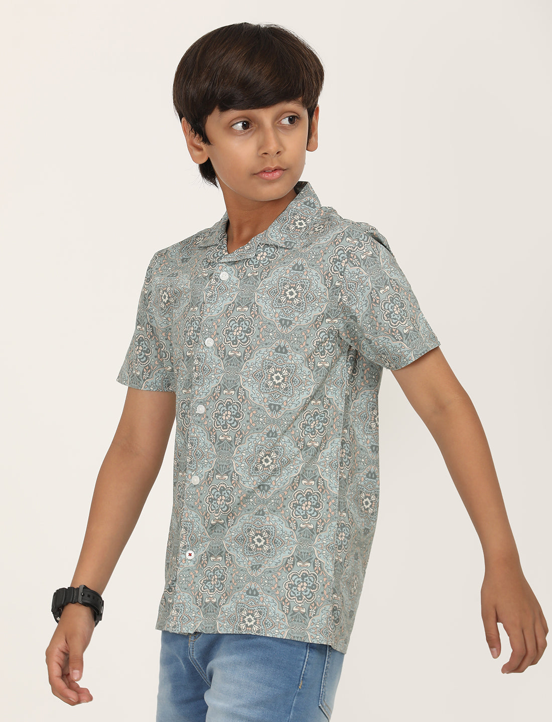 Zion Boys Cotton Half Sleeve Open Collar Shirt with Geometric floral Printed - Olive