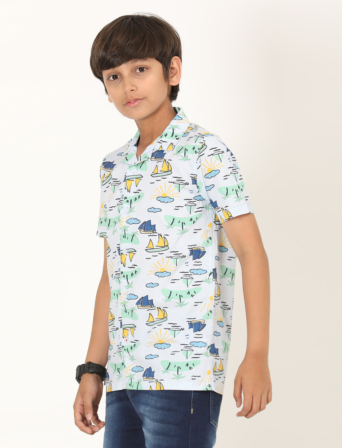 Zion Boys Cotton Half Sleeve Open Collar Shirt with Conversational Print - Light Blue