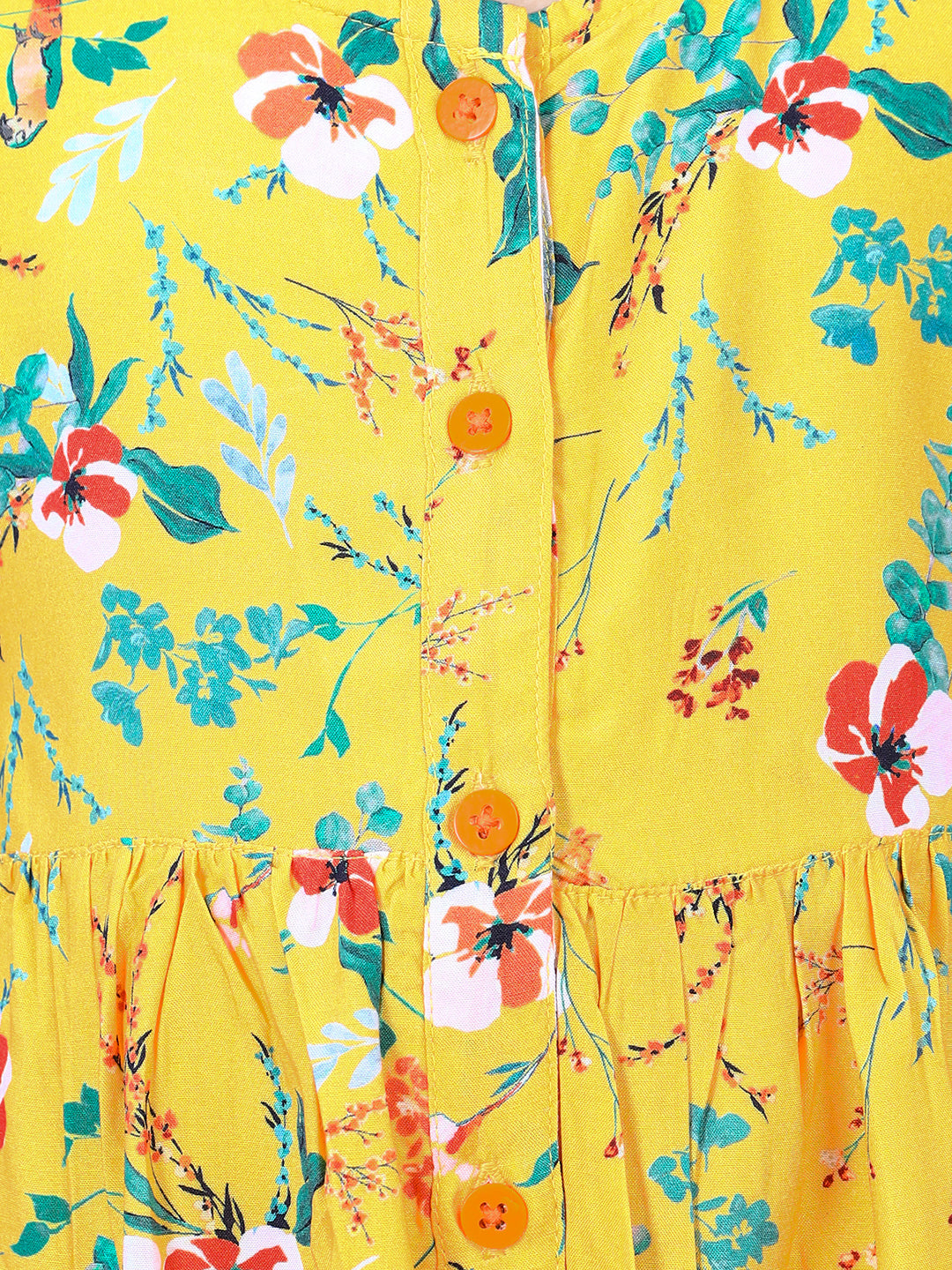 Zion Girls Printed Fit and Flare Dress with Flower Detail and Tie up Tape-Yellow