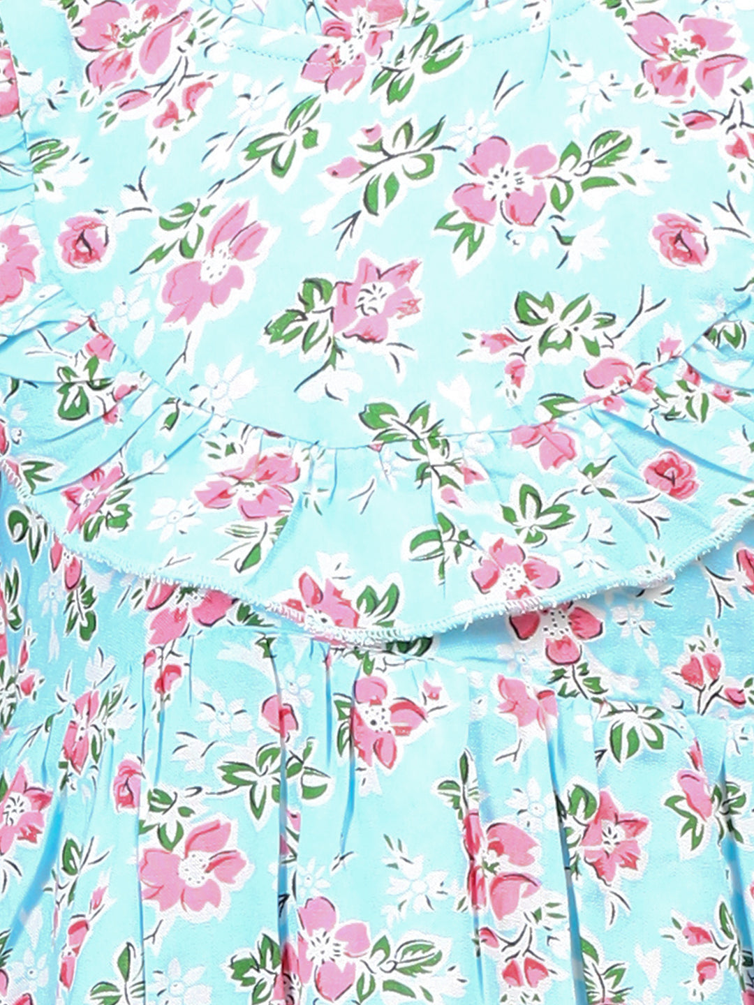 Zion Girls Printed Fit and Flare Dress with Ruffle Highlights & Puff Sleeves-Light Blue