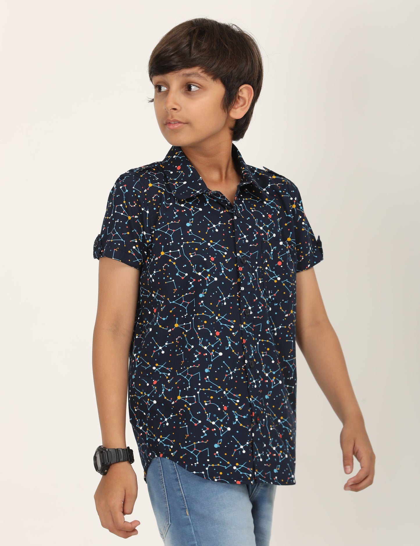 Zion Boys Cotton Half Sleeve Shirt with Dotted Print - Navy