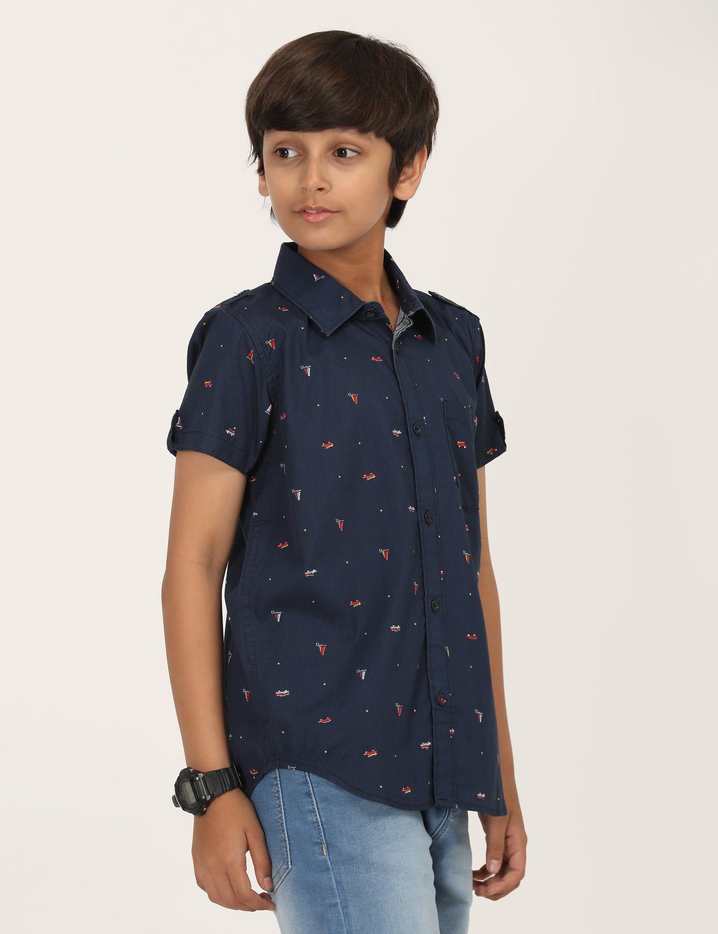 Zion Boys Cotton Half Sleeve Shirt with Boat Print - Navy