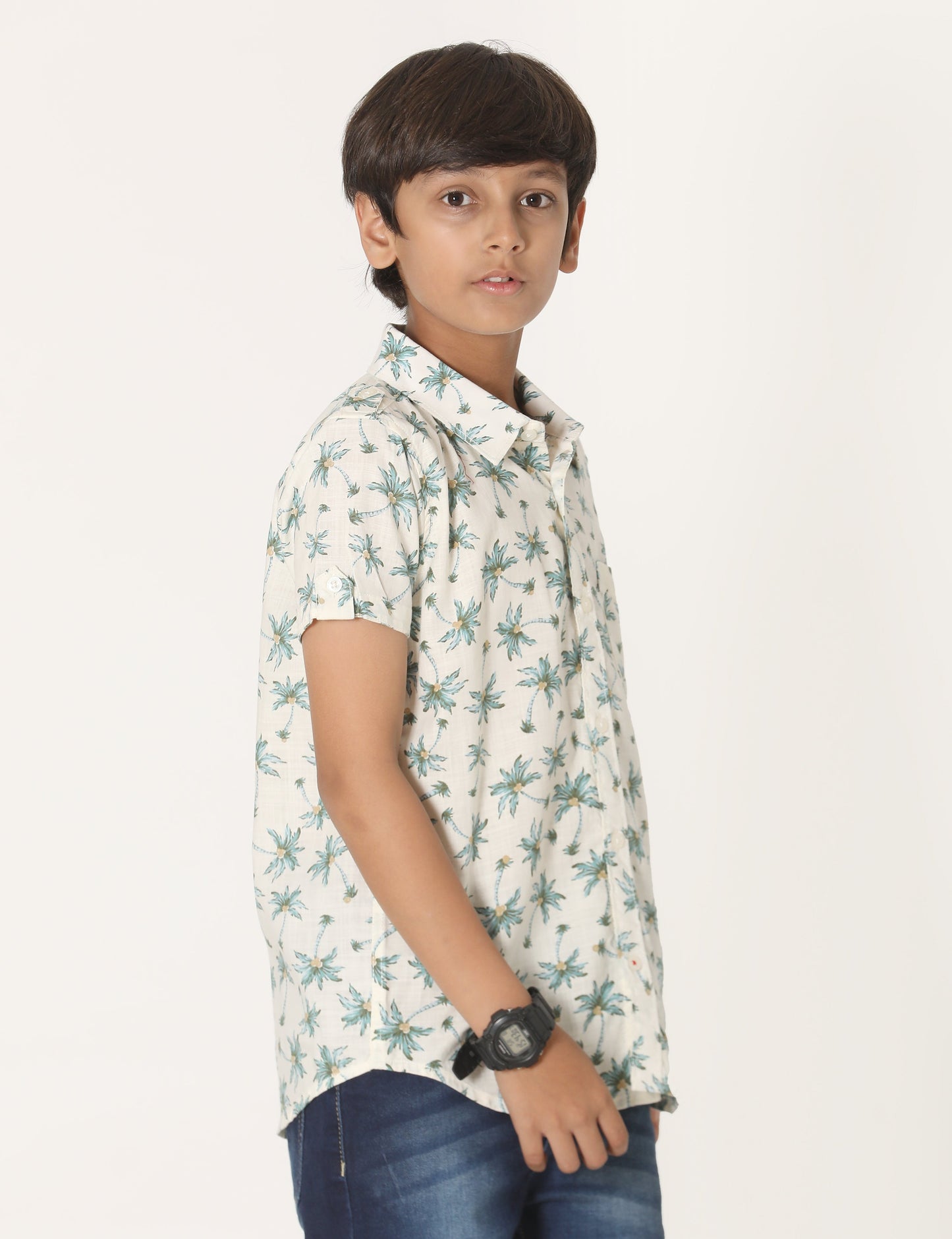 Zion Boys Cotton Half Sleeve Shirt with Plam Tree Printed - Off White