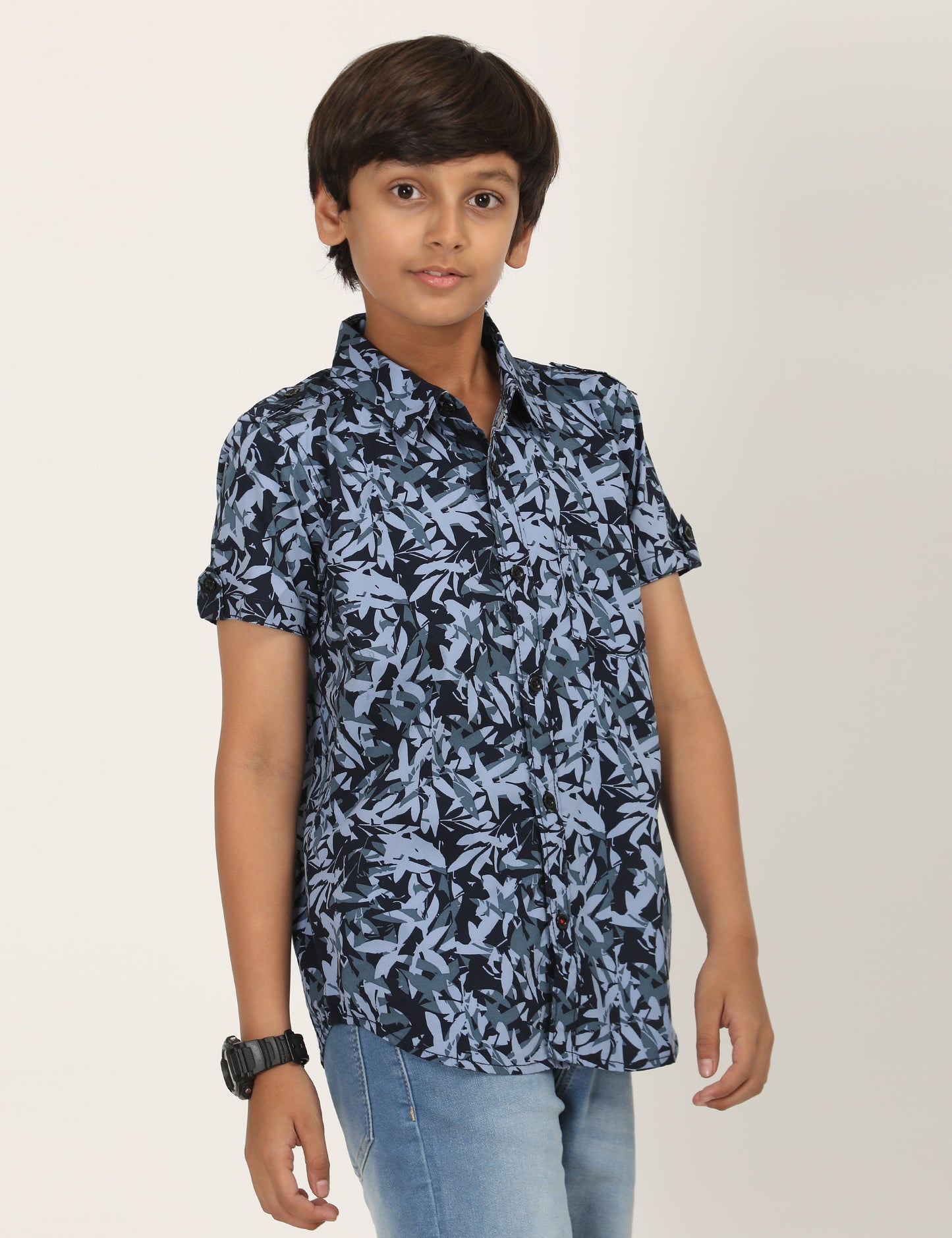 Zion Boys Cotton Half Sleeve Shirt with Nature Printed - Navy