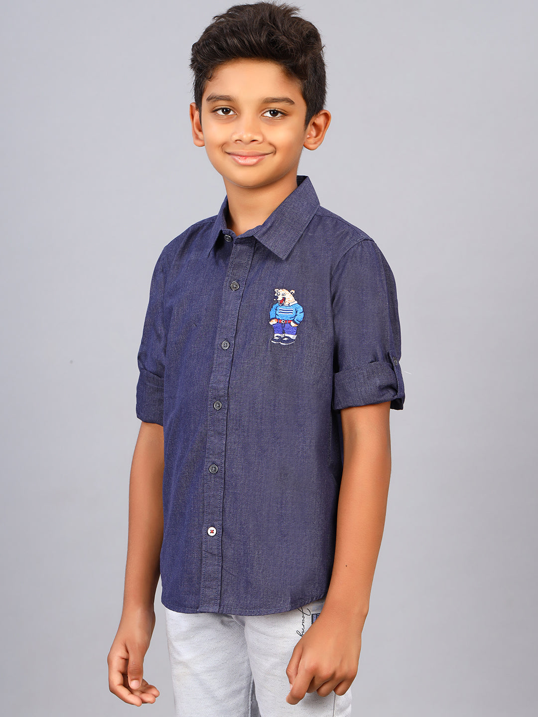 Zion Boys Shirt with Bear Embroidery & Epaulettes-Dark Blue