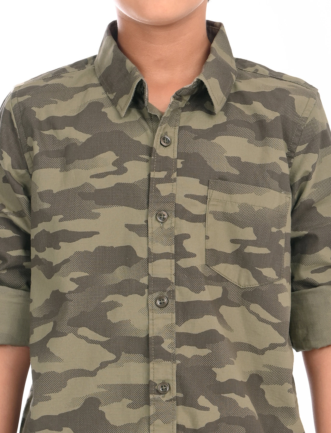 Zion Boys Cotton Full Sleeve Shirt with Military Camoflagued Print - Olive