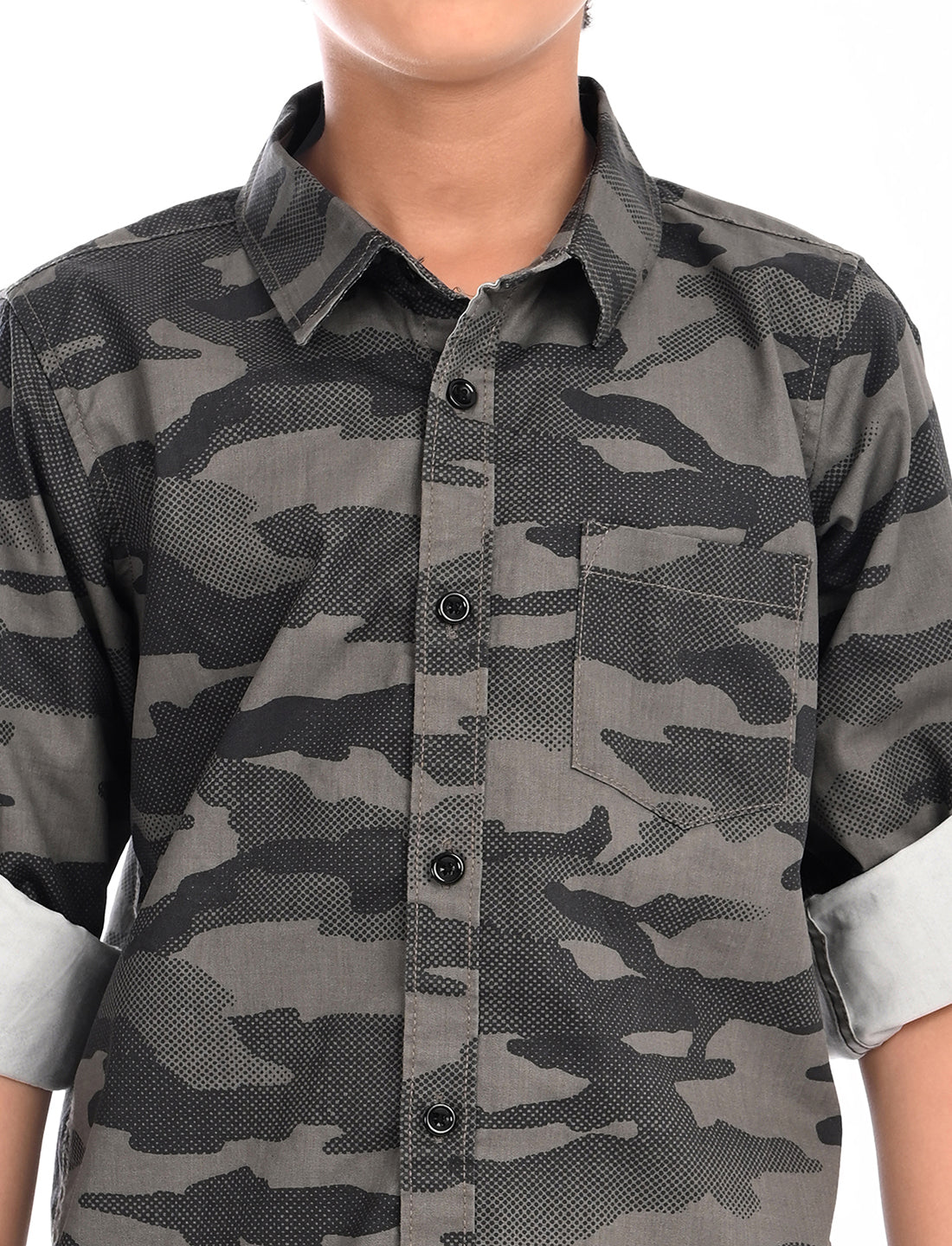 Zion Boys Cotton Full Sleeve Shirt with Military Camoflagued Print - Black