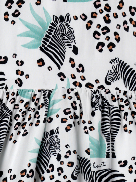 Zion Girls Printed Fit and Flare Dress with Peter Pan Collar -White