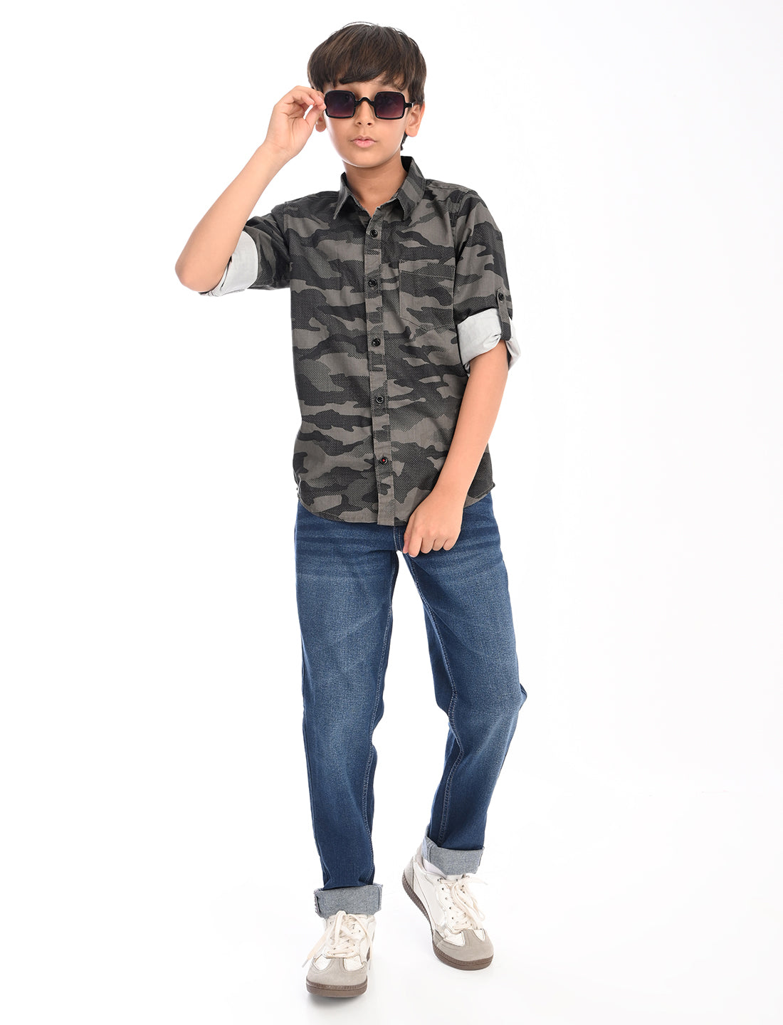 Zion Boys Cotton Full Sleeve Shirt with Military Camoflagued Print - Black