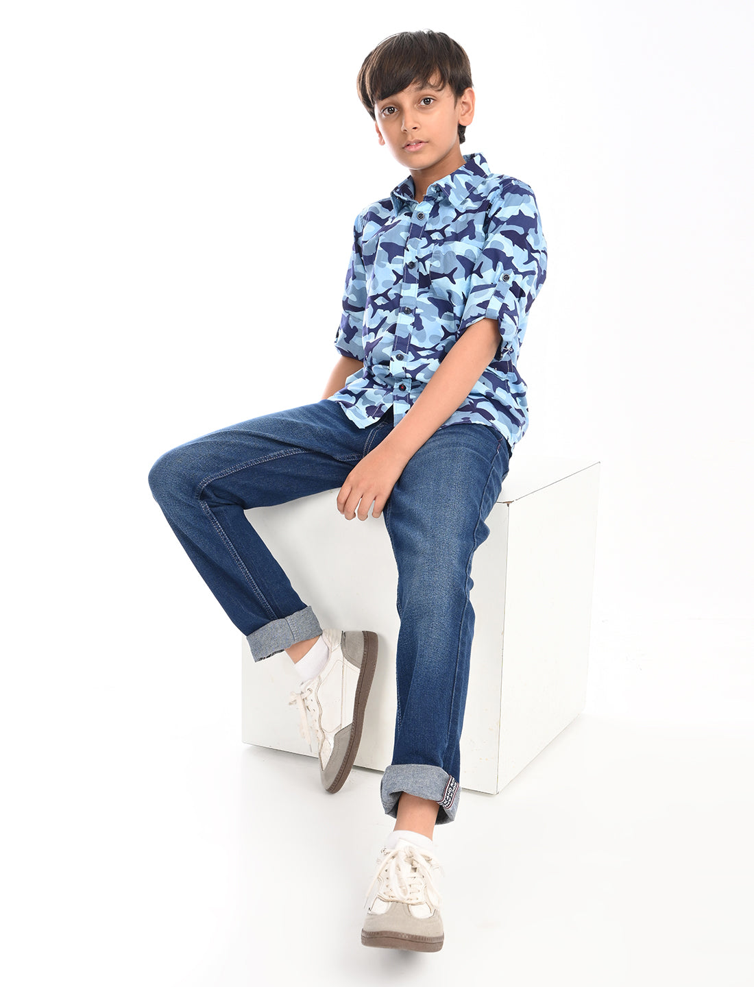 Zion Boys Cotton Full Sleeve Shirt with Military Camoflagued Print - Blue