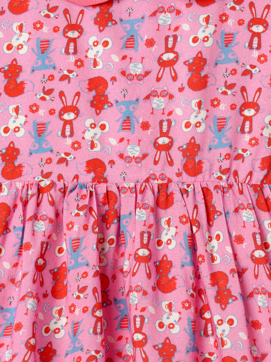 Zion Girls Printed Fit and Flare Dress with Peter Pan Collar -Peach