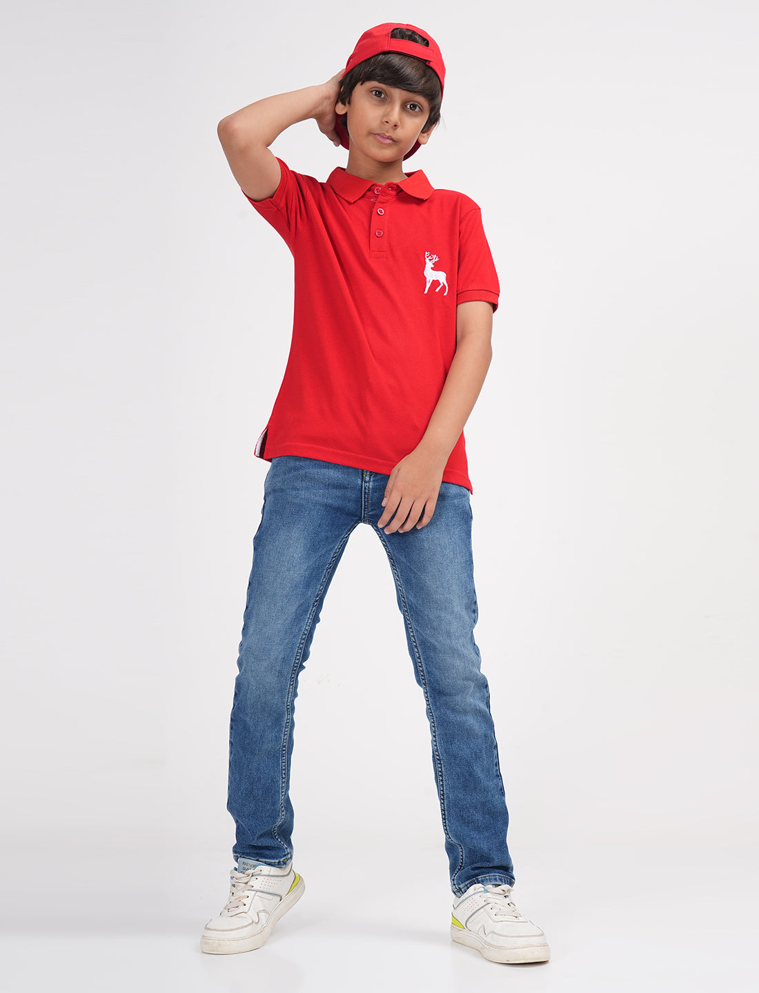 Zion Boys Pique Polo T-shirt with Deer Embroidery-Red