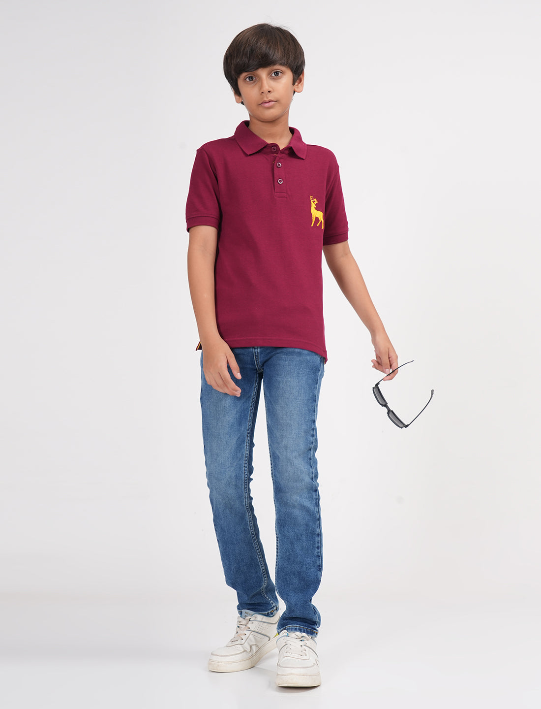 Zion Boys Pique Polo T-shirt with Deer Embroidery-Maroon