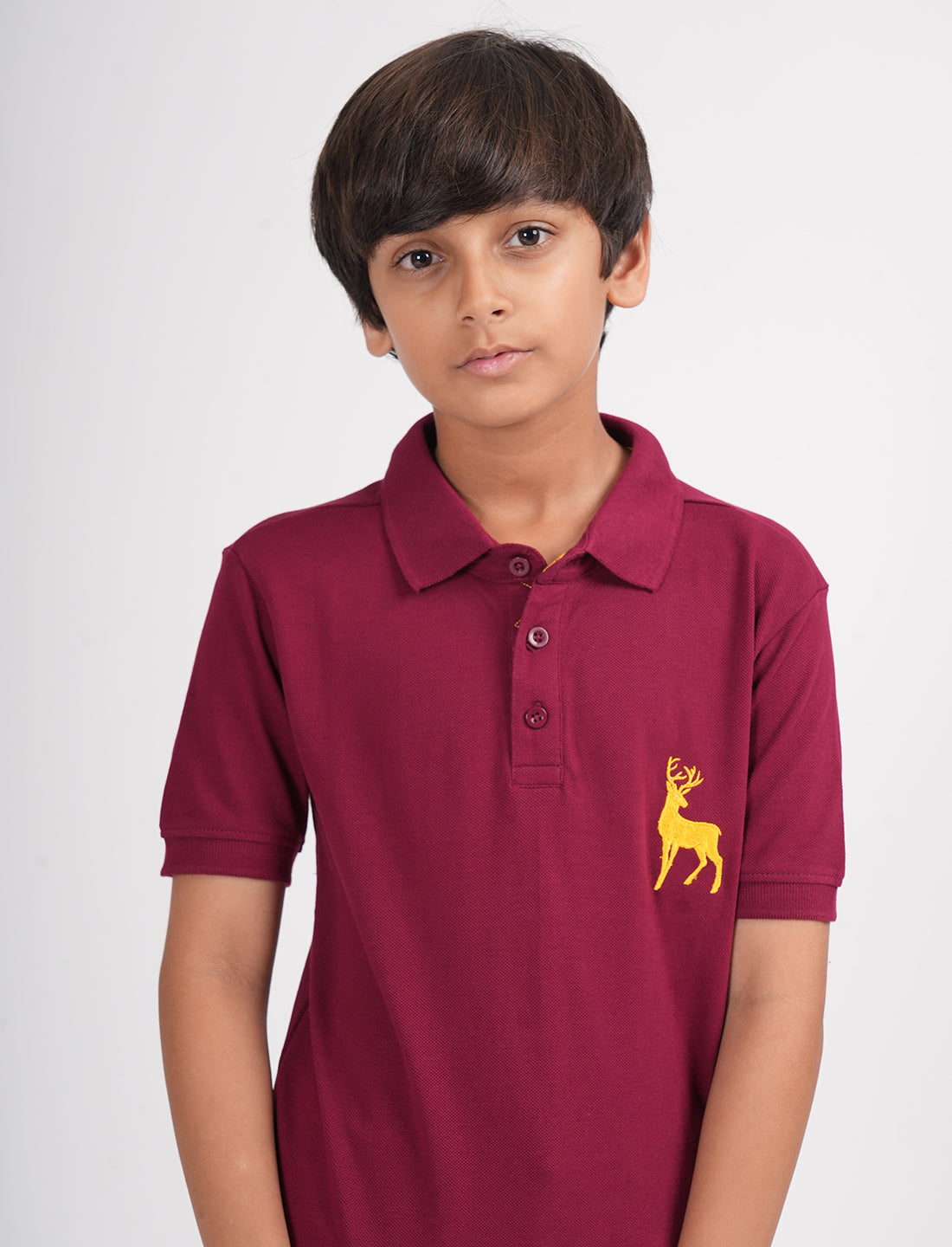 Zion Boys Pique Polo T-shirt with Deer Embroidery-Maroon