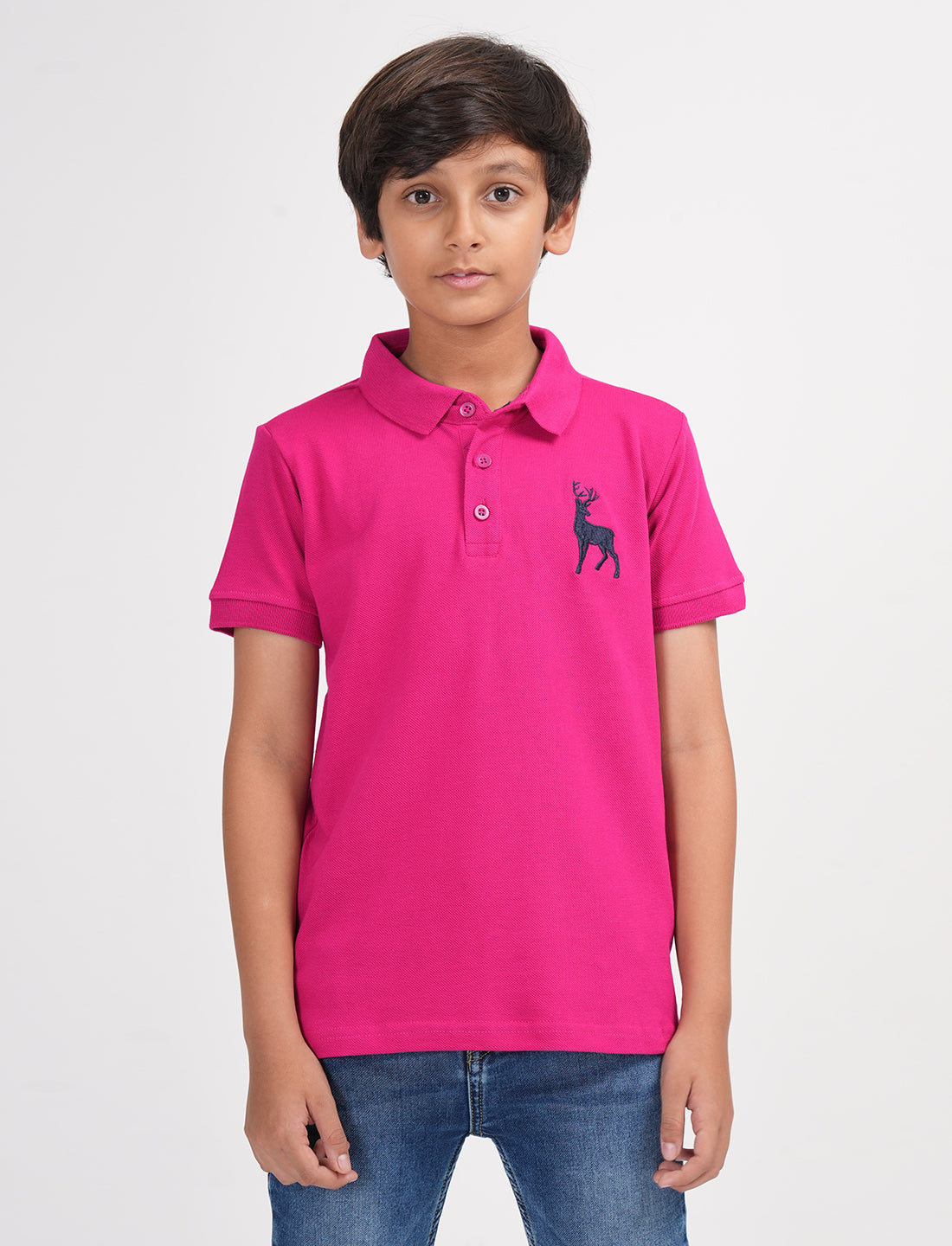 Zion Boys Pique Polo T-shirt with Deer Embroidery-Fuchsia