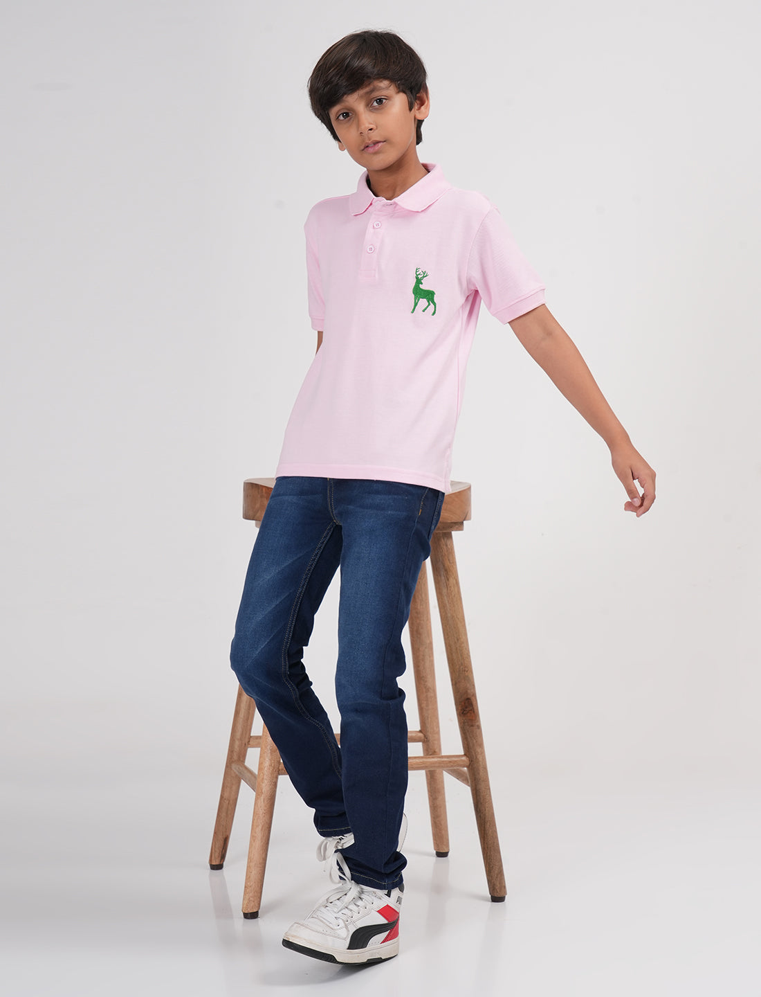 Zion Boys Pique Polo T-shirt with Deer Embroidery-Light Pink