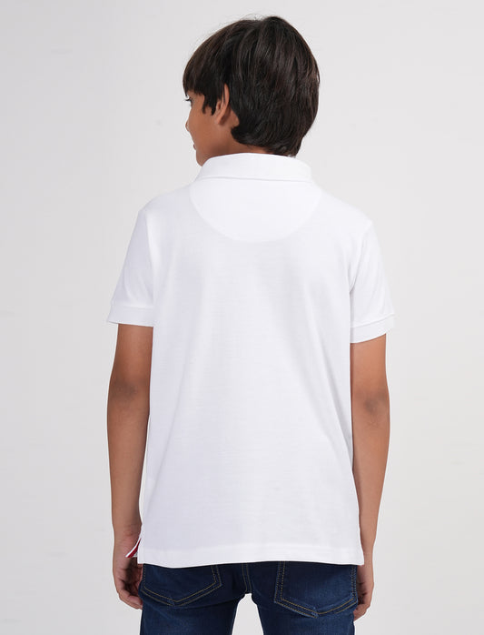 Zion Boys Pique Polo T-shirt with Deer Embroidery-White