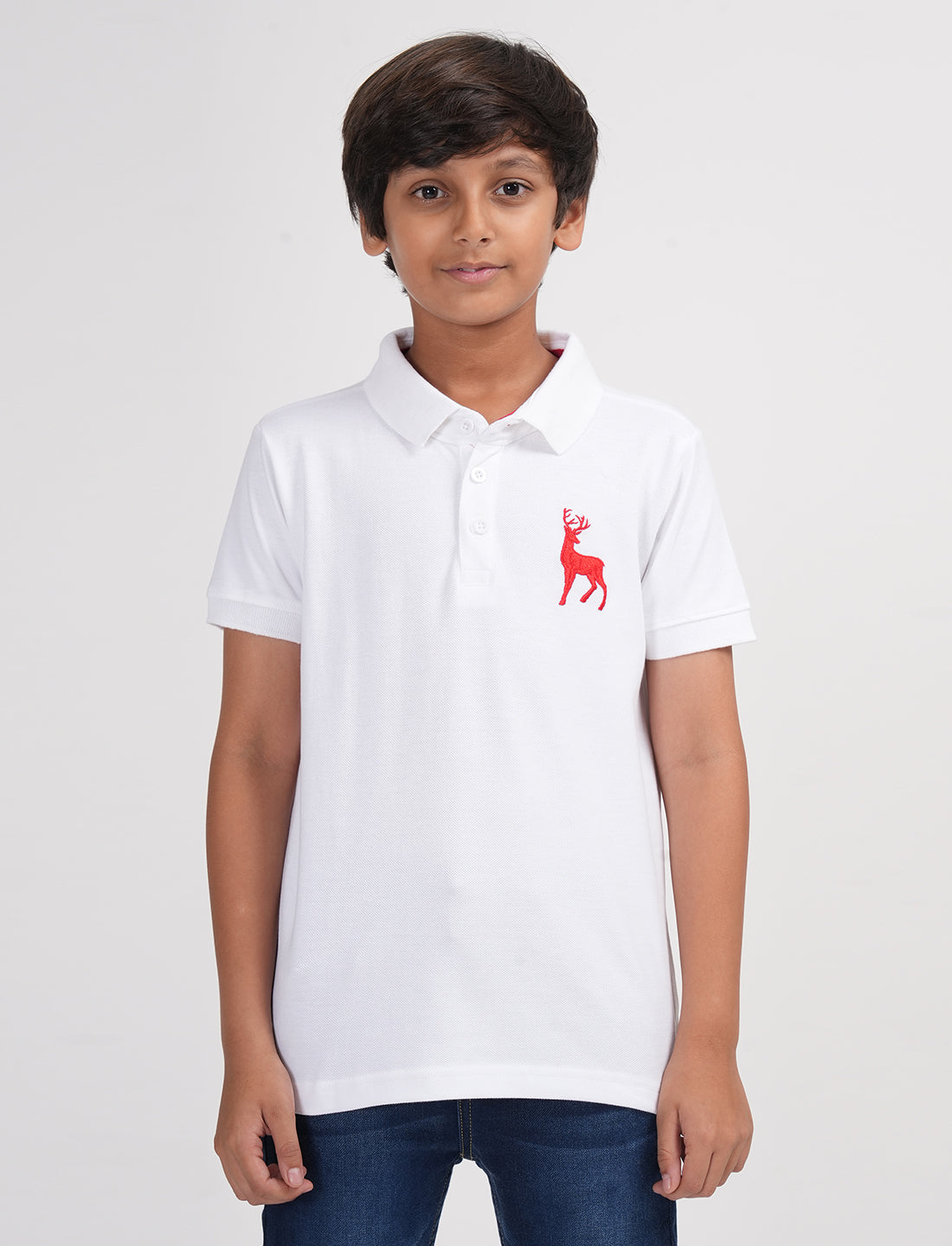 Zion Boys Pique Polo T-shirt with Deer Embroidery-White