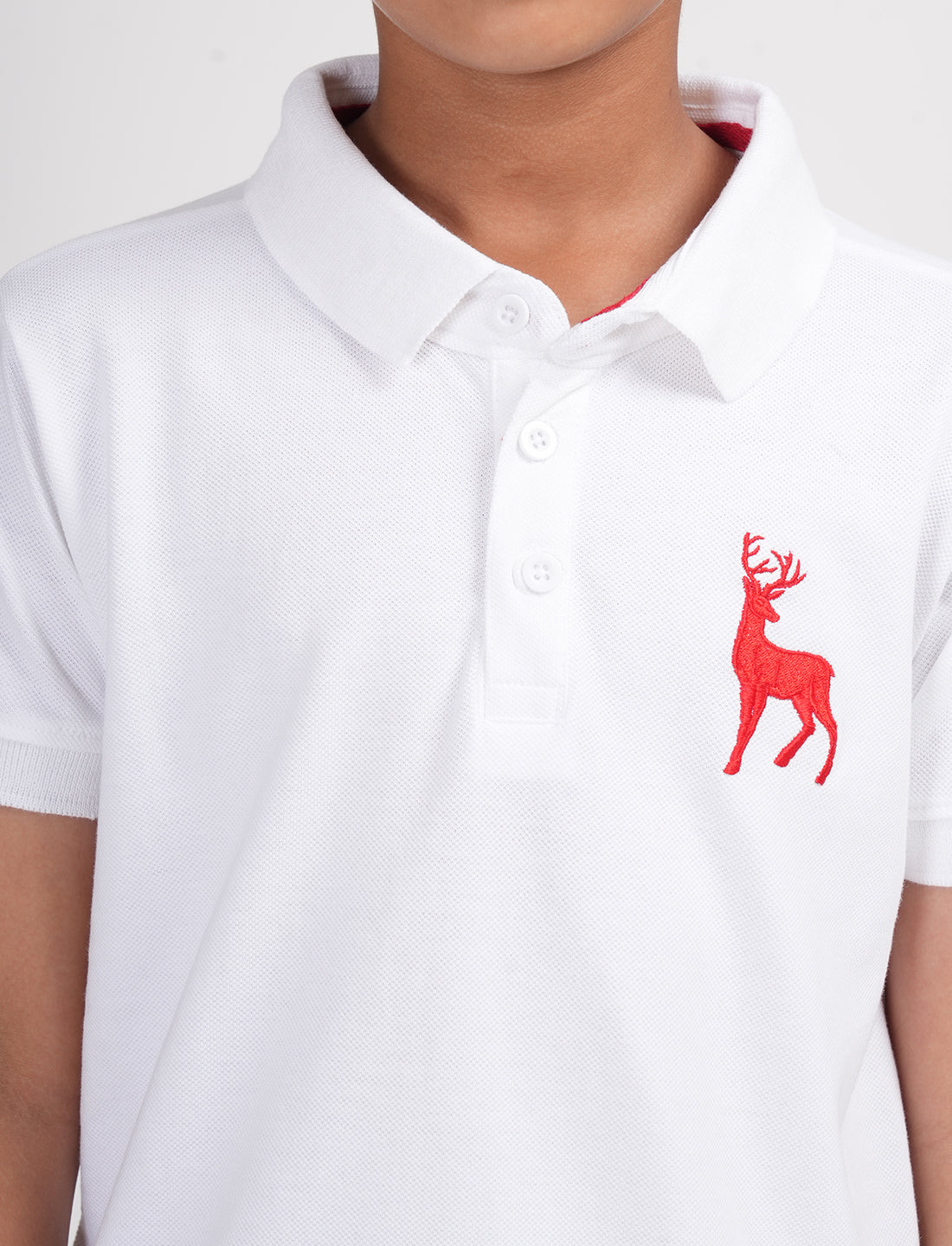 Zion Boys Pique Polo T-shirt with Deer Embroidery-White
