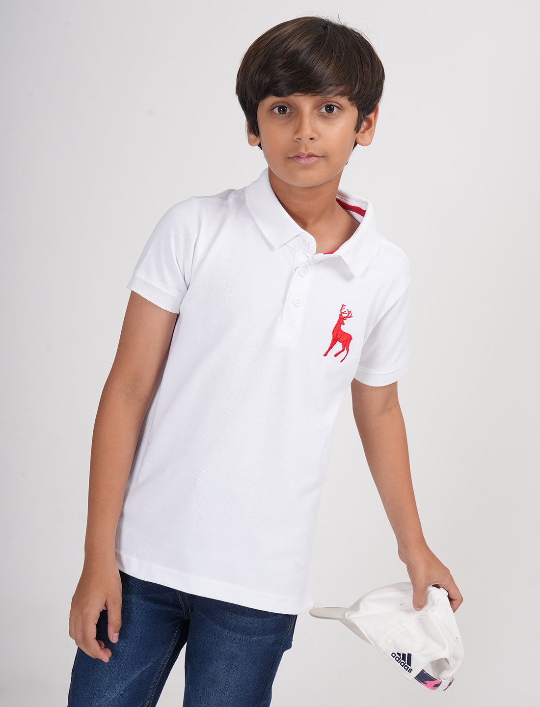 Zion Boys Pique Polo T-shirt with Deer Embroidery-White
