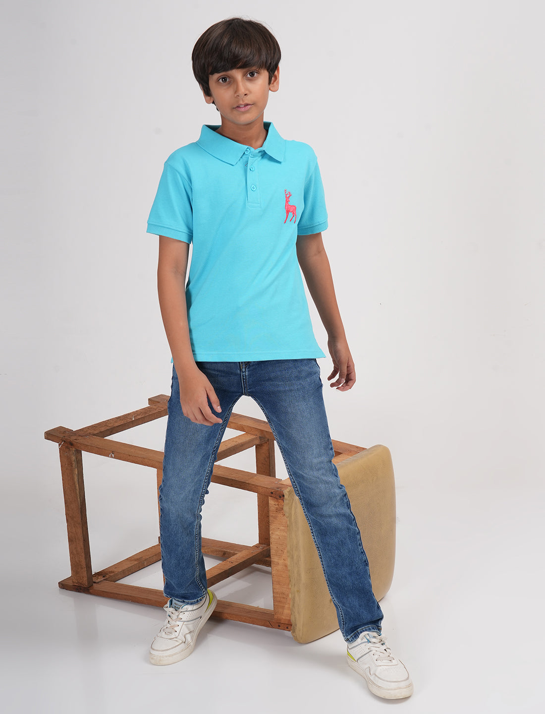 Zion Boys Pique Polo T-shirt with Deer Embroidery-Light Blue