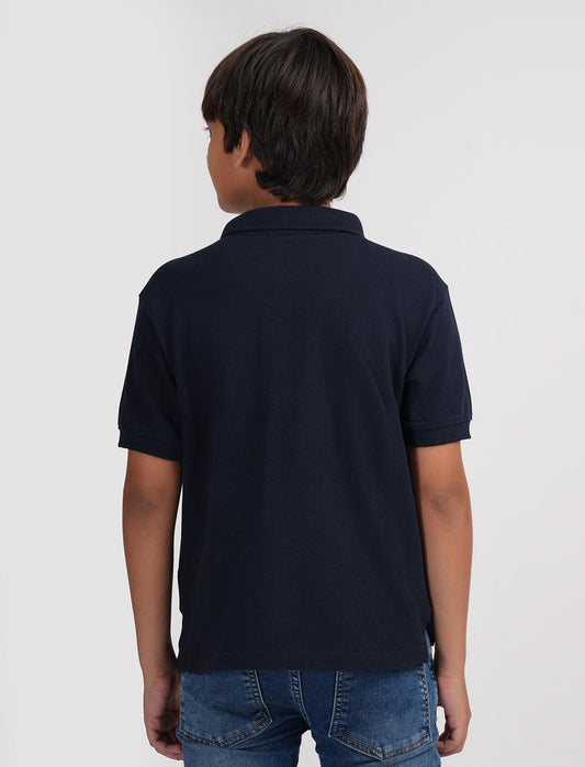 Zion Boys Pique Polo T-shirt with Deer Embroidery-Navy
