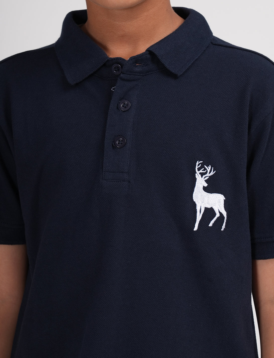 Zion Boys Pique Polo T-shirt with Deer Embroidery-Navy