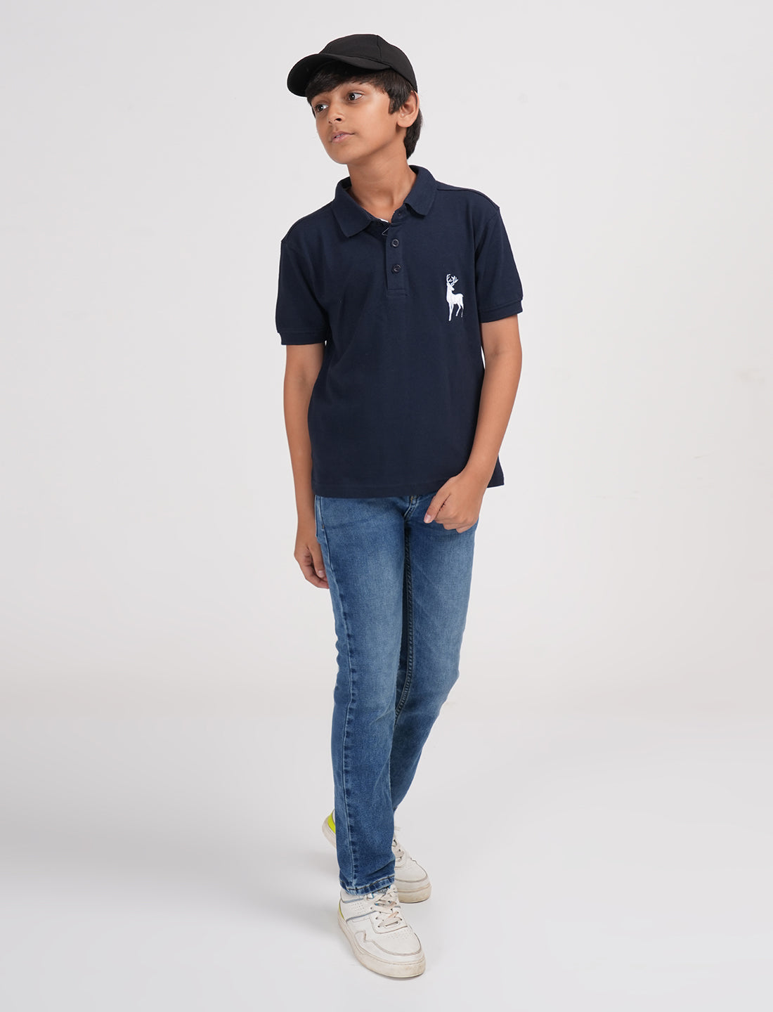 Zion Boys Pique Polo T-shirt with Deer Embroidery-Navy