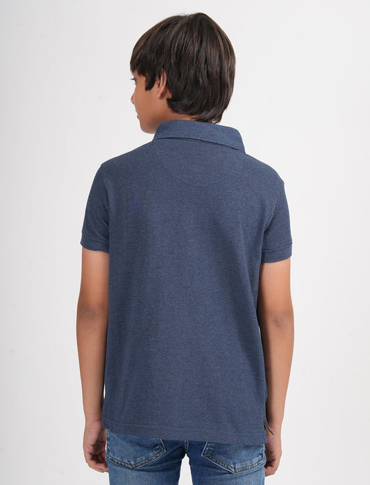 Zion Boys Pique Polo T-shirt with Deer Embroidery-Navy Melange