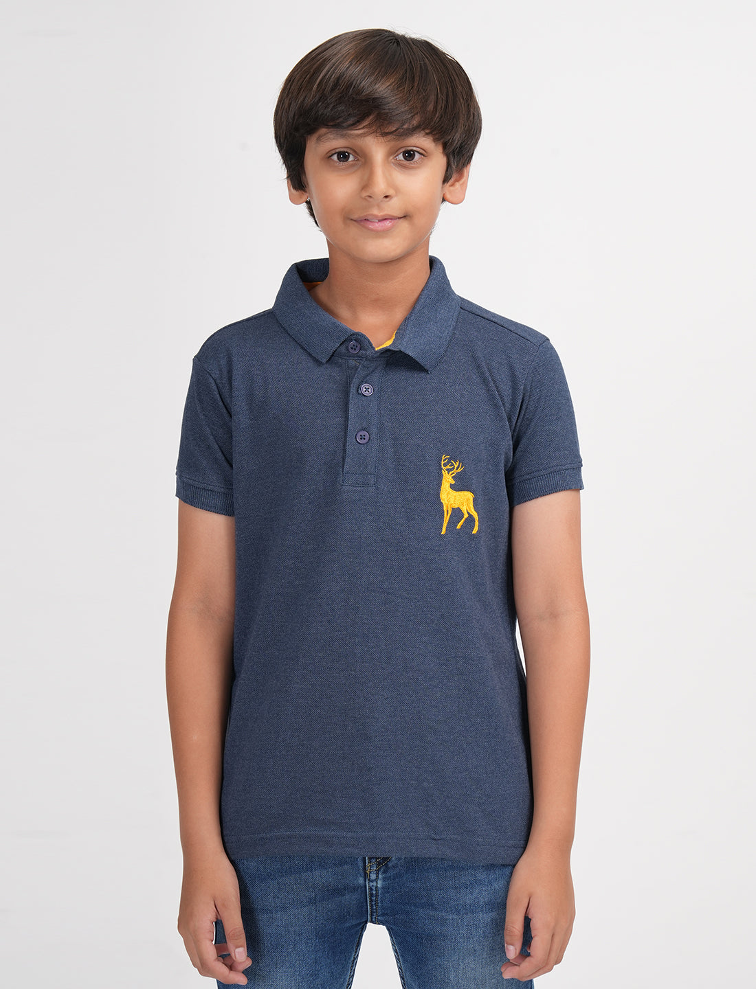 Zion Boys Pique Polo T-shirt with Deer Embroidery-Navy Melange