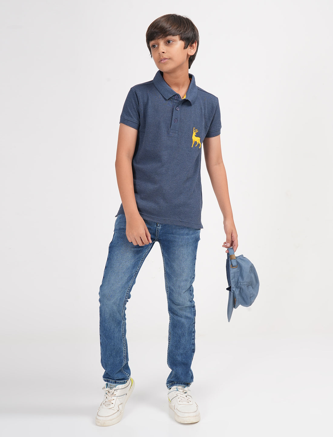 Zion Boys Pique Polo T-shirt with Deer Embroidery-Navy Melange