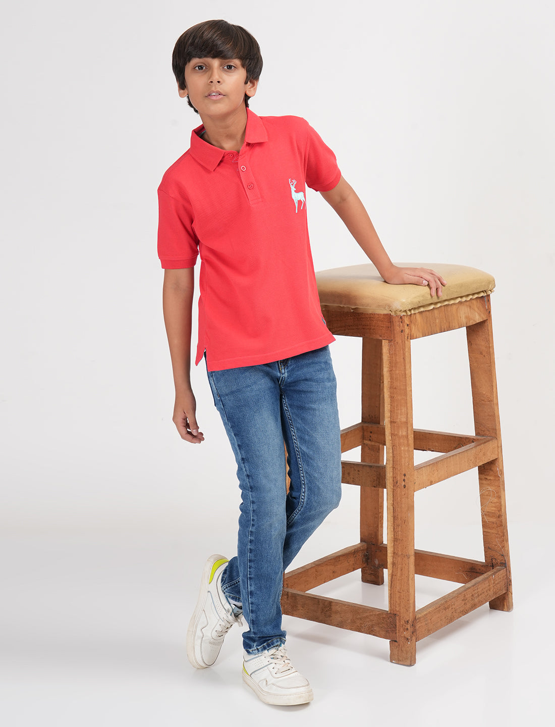 Zion Boys Pique Polo T-shirt with Deer Embroidery-Coral