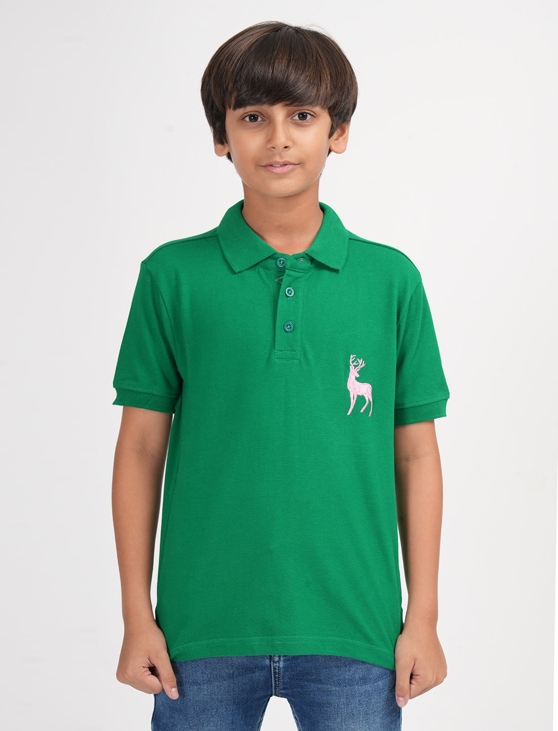 Zion Boys Pique Polo T-shirt with Deer Embroidery-Green