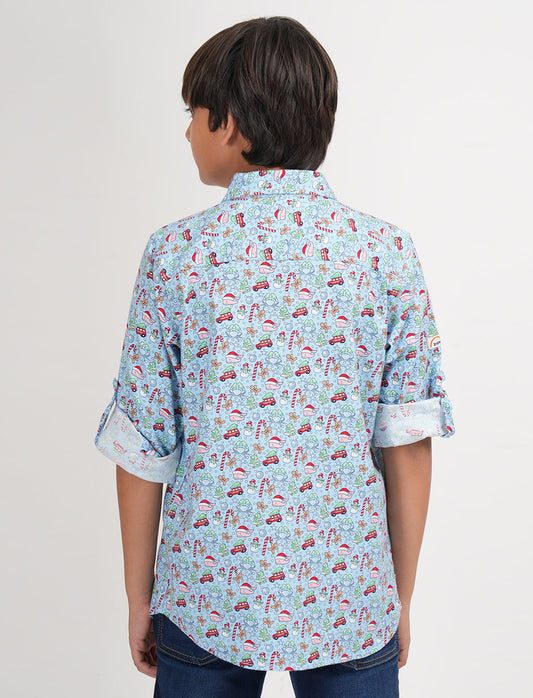 Zion Boys X-mas print Shirt with Roll-Up Sleeves-Blue