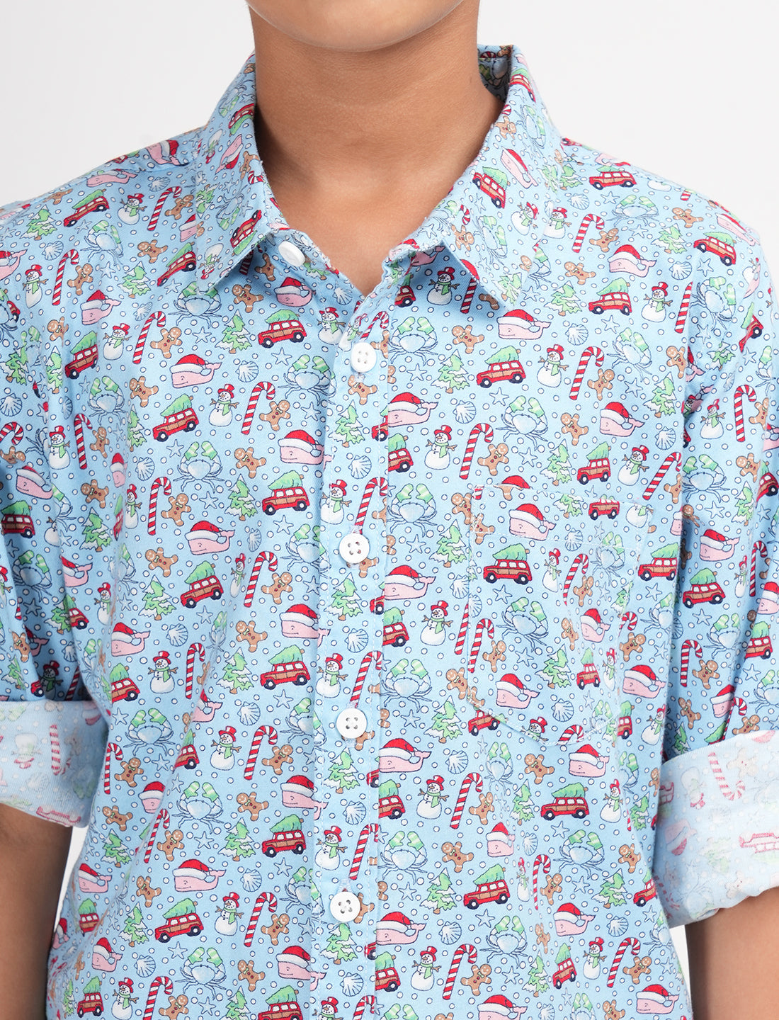Zion Boys X-mas print Shirt with Roll-Up Sleeves-Blue