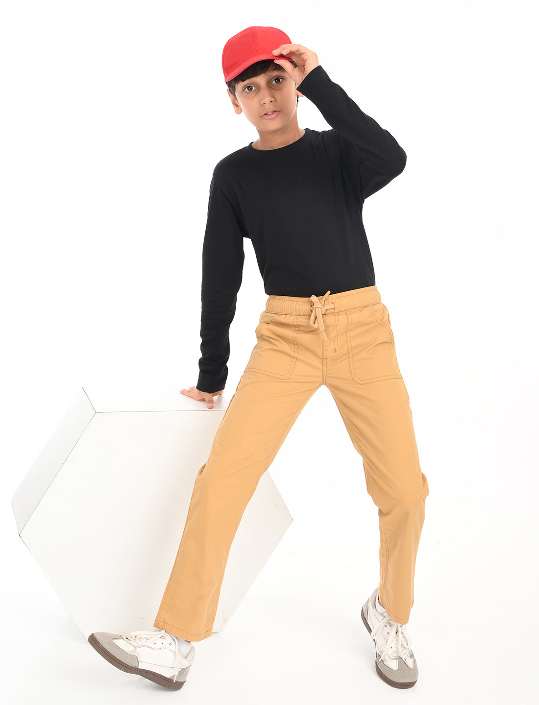 Zion Boys Cotton Lycra Solid Colored Work Wear Trousers - Khaki