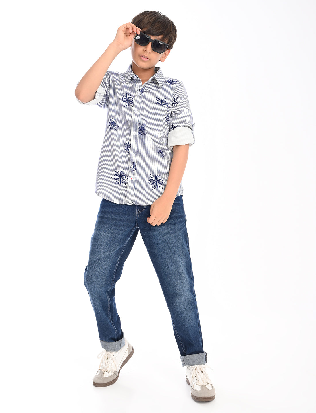 Zion Boys Cotton Half Sleeve Shirt with Striped print with floral motives - Blue
