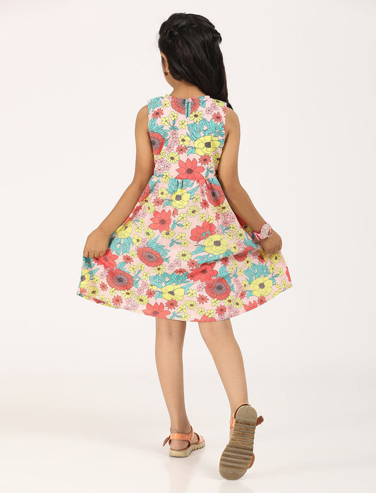 Zion CottonSleeveless Floral Printed Poplin Overlap Dress with Flowers at Chest - Multi