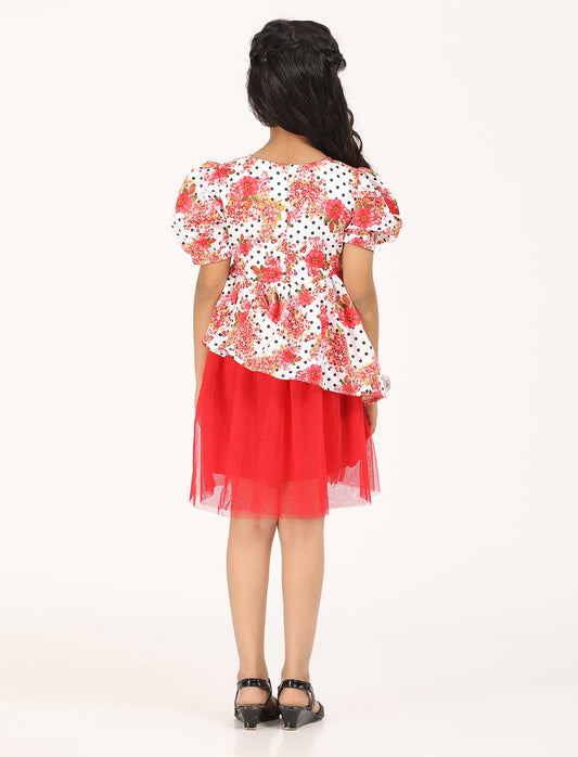 Zion Satin with High Low Waist and Flared Mesh bottom Half Sleeves Party wear Dress - Red