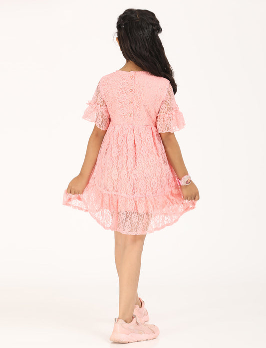 Zion Floral Lace Bell sleeves Fit and Flaer Dress - Light Pink