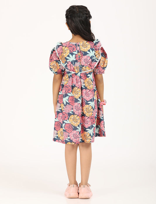 Zion Cotton Puff Sleeves Floral printed Halfmoon Yoke Dress - Navy