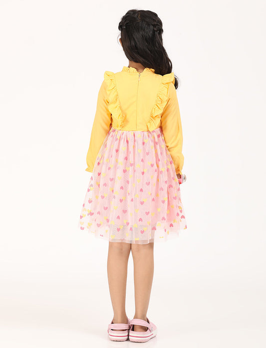 Zion Full Sleeves Party wear Dress with Solid Bodice & Printed Bottom Fit and Flare - Yellow