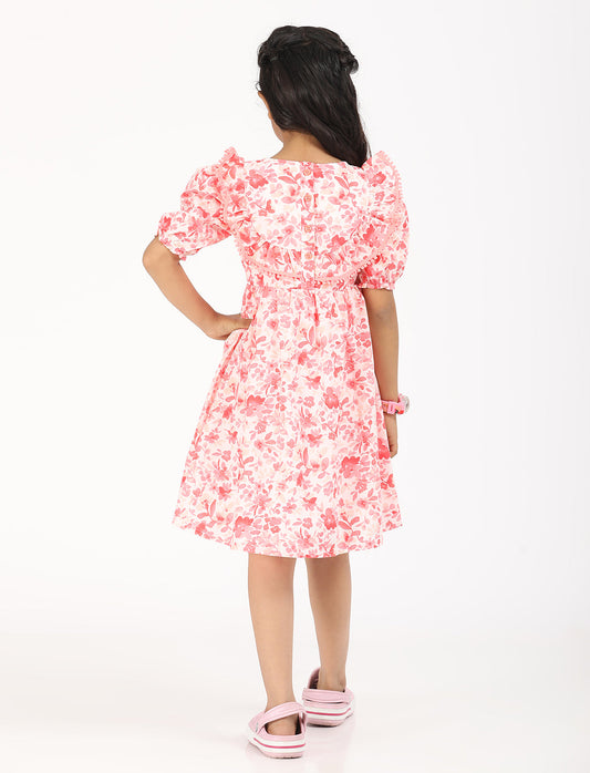 Zion Cotton Puff Sleeves Floral Printed Halfmoon Yoke Dress - Pink