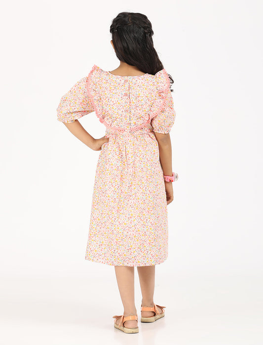 Zion Cotton Puff Sleeves Ditsy Printed Halfmoon Yoke Dress - Peach